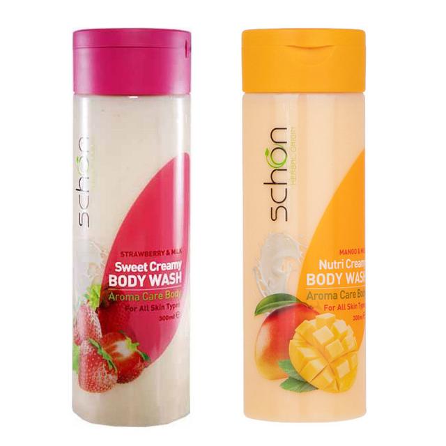 شامپو بدن شون مدل شیر و انبه حجم 300 میلی لیتر به همراه شامپو بدن مدل شیر و توت فرنگی حجم 300 میلی لیتر - Schon Milk and Mango Body shampoo Plus milk and strawberry Body Shampoo Bundle e