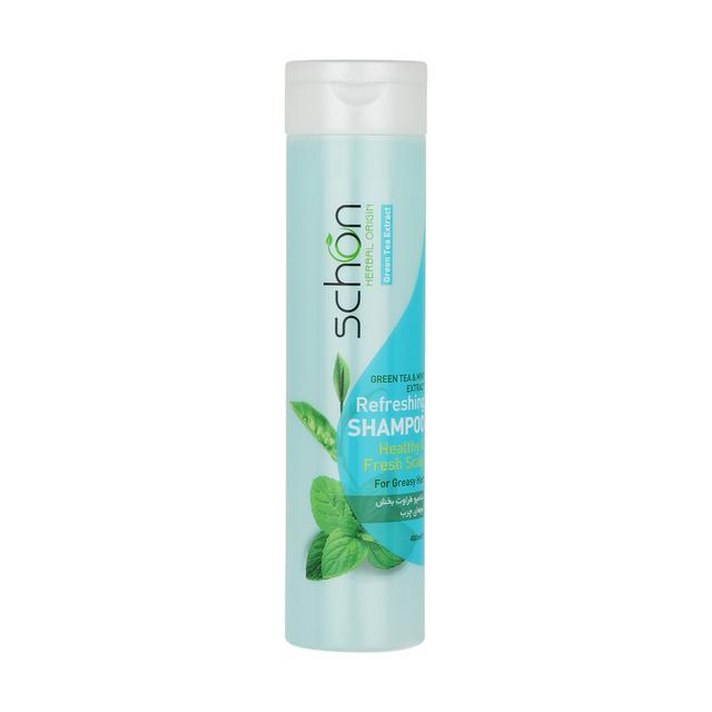 شامپو مو بانوان مخصوص موهای چرب شون مدل Green Tea and Mint حجم 400 میلی لیتر - Schon Green Tea And Mint Hair Shampoo For females 400ml